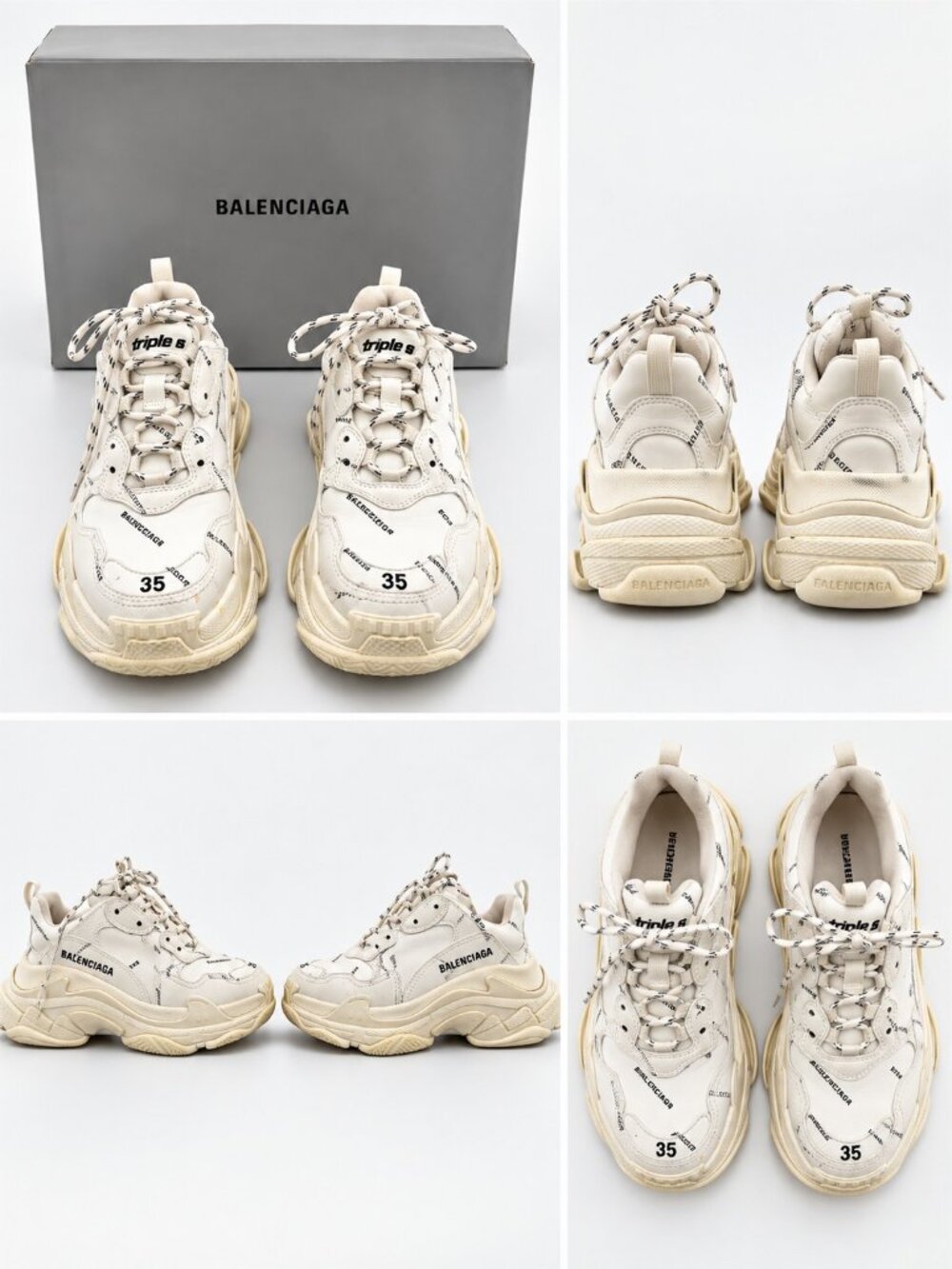 Balenciaga Triple S Logo Print Sneakers Size 35 Cream White (Leather)